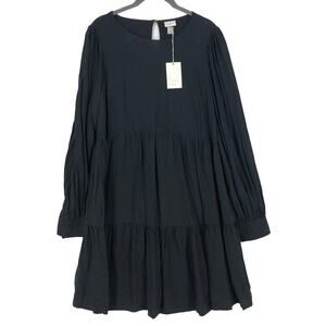 A New Day Mini Dress Women's Size Small Black Solid Rayon Round Neck Long Sleeve